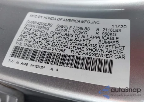 2021 Honda Accord Ex-L from USA, damaged, VIN 1HGCV1F59MA010695